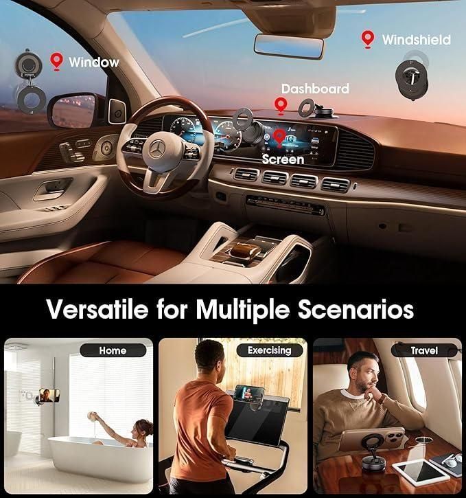 AMU Magnetic Car Phone Holder – Reinforced Vacuum Suction, 360° Rotation, Mag Safe Compatible, Ultra-Strong Mount for Car, Gym, Mirror, iPhone & Android